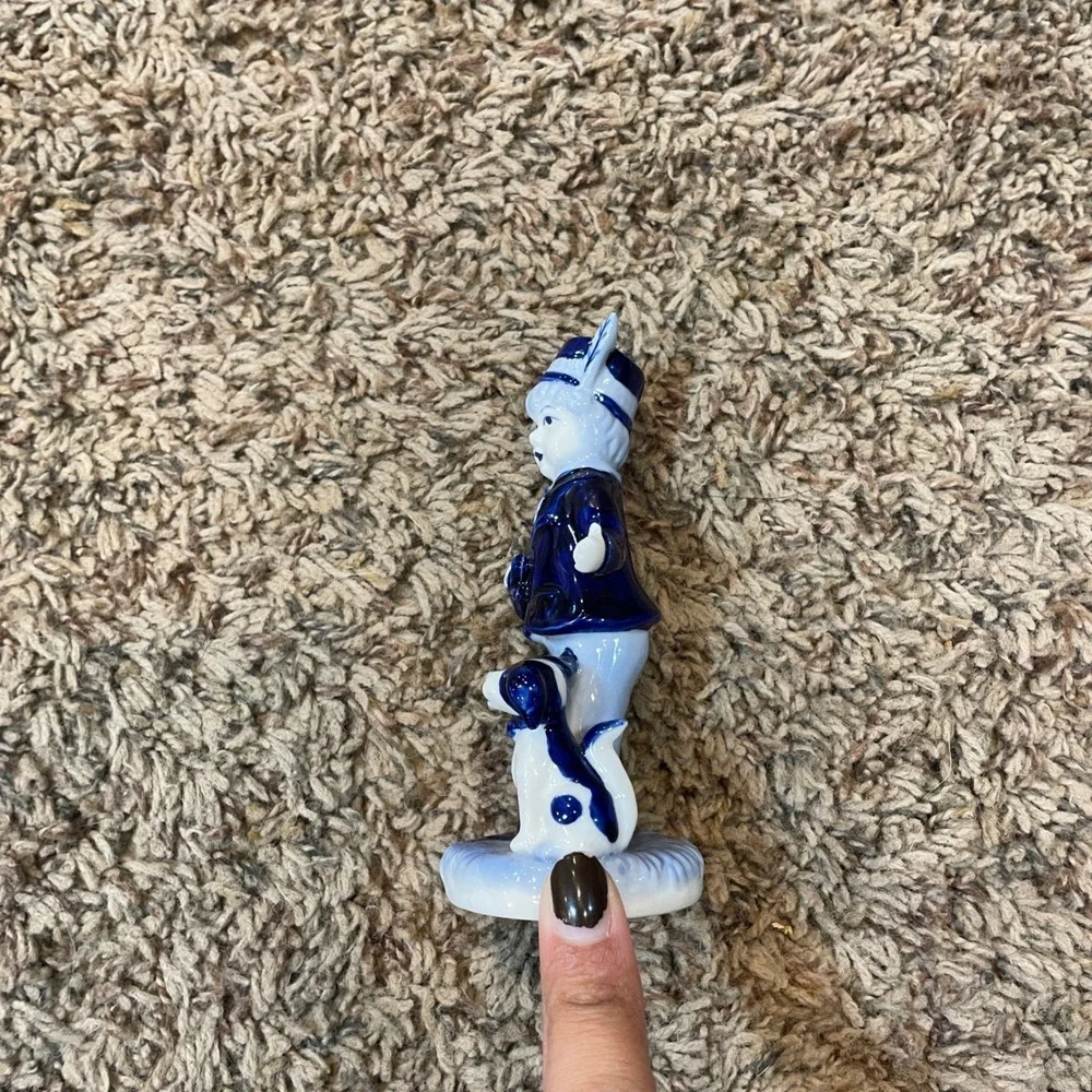 Vintage Blue Delft Boy and Dog Ceramic Figurine Hand Painted Collectible‎